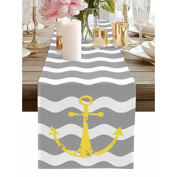 Table Runner Nautical Anchor Table Runners Grey and White Wave Stripes Cotton Linen Dresser Scarf Kitchen Dining Table Decor for Home Dinner Party Decor 13x72 Inch