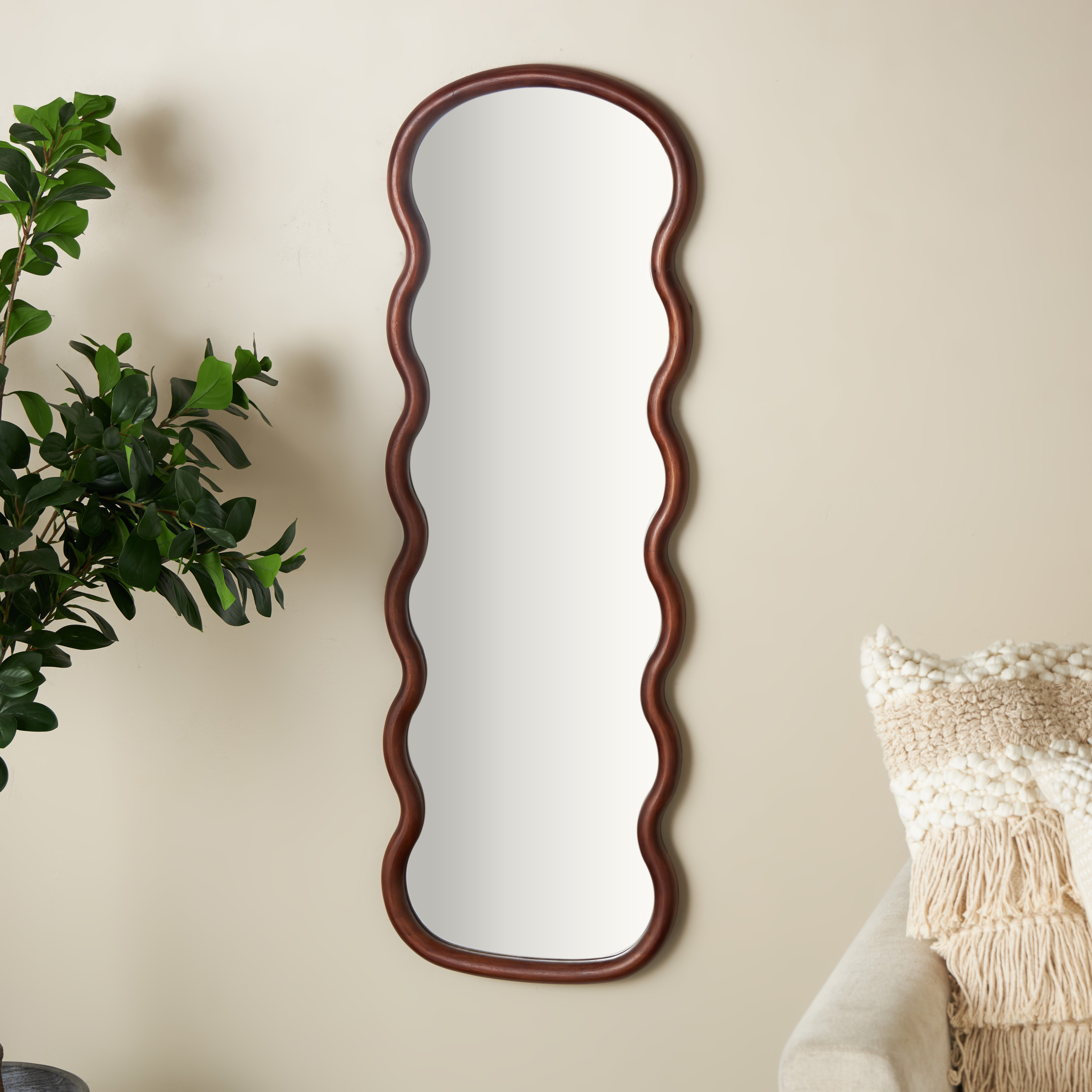 DecMode 16" x 47" Dark Brown Handmade Wavy Abstract Wall Mirror