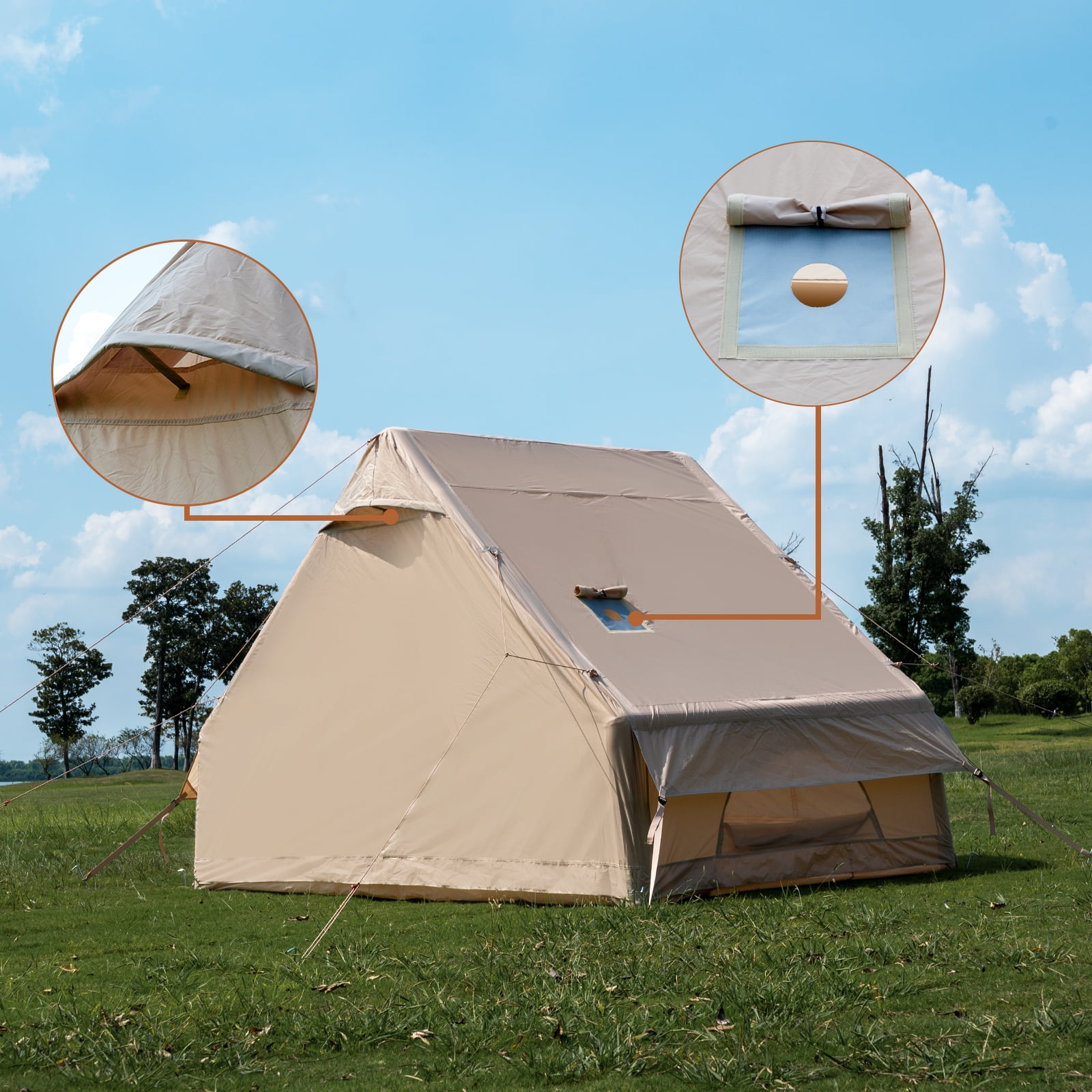 Waldmate Inflatable Camping Tent for 3-4 Person, Glamping Tent with Stove Jack Hand Pump, Oxford Waterproof Blow up Tent with Mesh Windows & Door