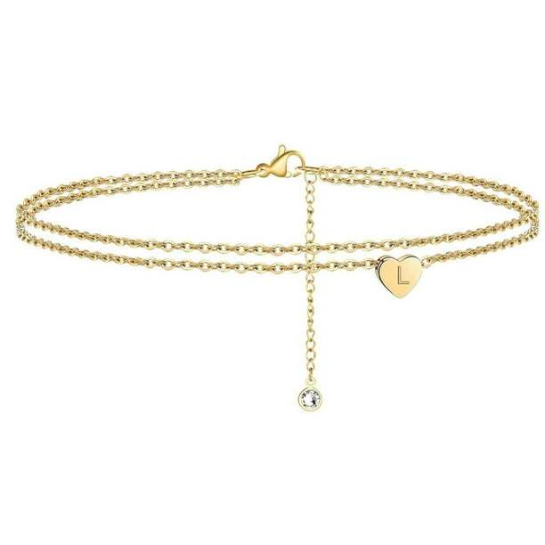 Pulseras para mujer, regalos para mujer 2022, nuevas pulseras de playa con inicial de corazón para mujer, delicada tobillera en capas bañada en oro de 14 quilates, pulseras de corazón con inicial de l