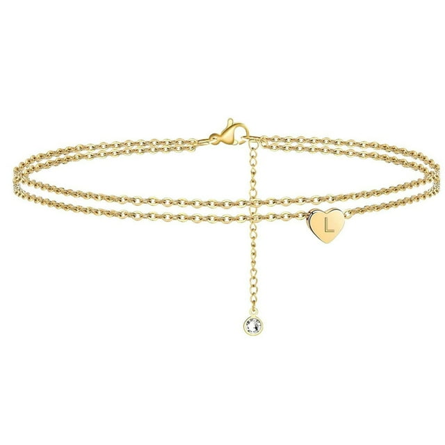 Fiudx Pulseras de Playa con Inicial de Corazón para Mujer (2022), Delicadas Tobilleras En Capas Bañadas En Oro de 14 Quilates, con Inicial de Letra y Corazón, Joyería de Playa.