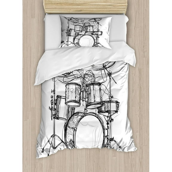 Rock Music Twin Size Duvet Cover Set, Doodle Drawing Sketch Style Drummer Musical Inspirations Monochrome Arrangement, Decorative 2 Piece Bedding Set with 1 Pillow Sham, Black White, by Ambesonne