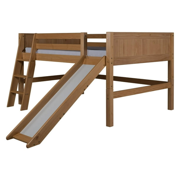 Camaflexi Full Size Low Loft Bed with Slide Panel Headboard Natural Finish