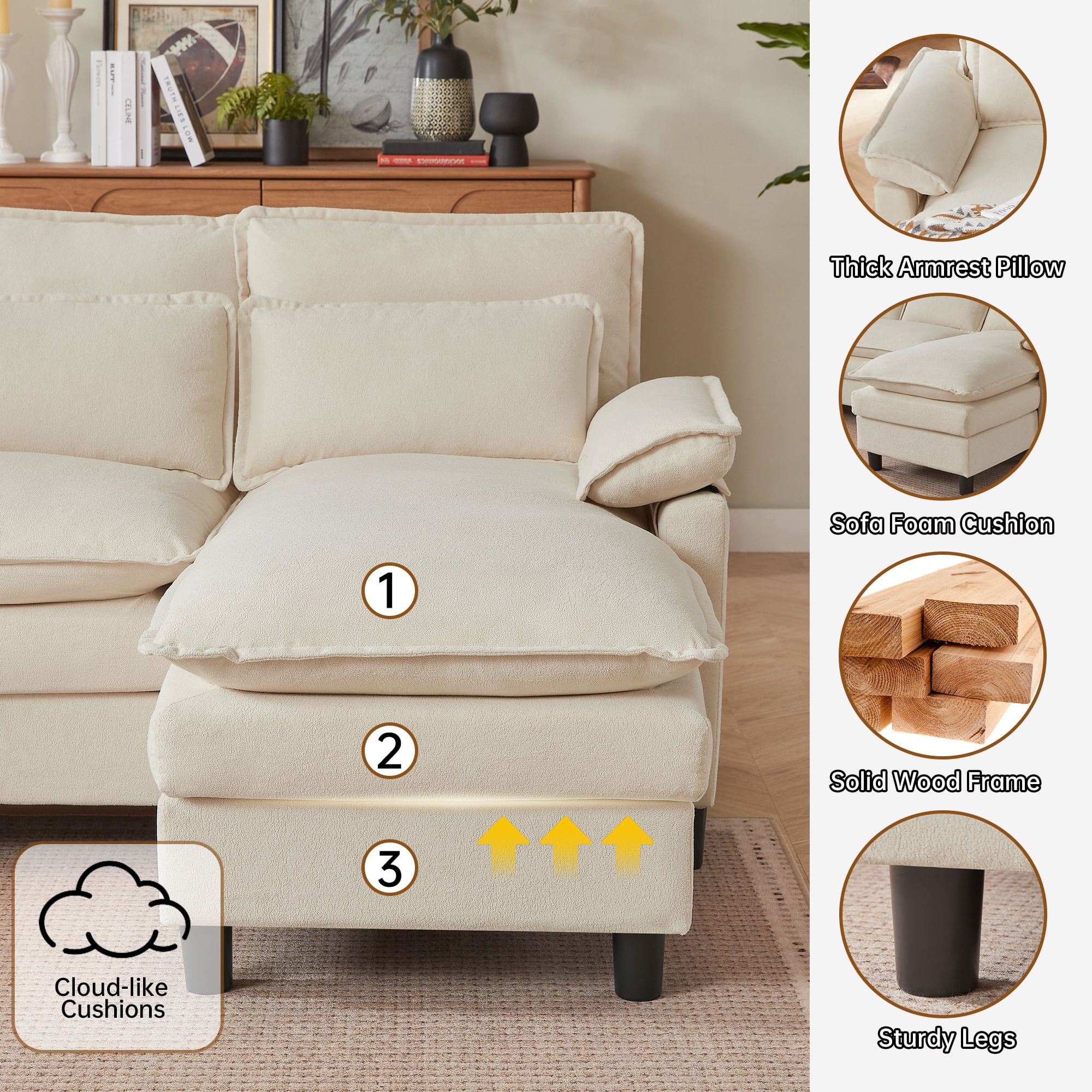 Pingliang Home Oversized U Shaped Couch,4 Seat Sectional Sofa with 4 Pillows,Upholstered Symmetrical Cloud Couch with Double Chaise,Wrap Around Sofa Modular sofa for Living Room Apartment Office