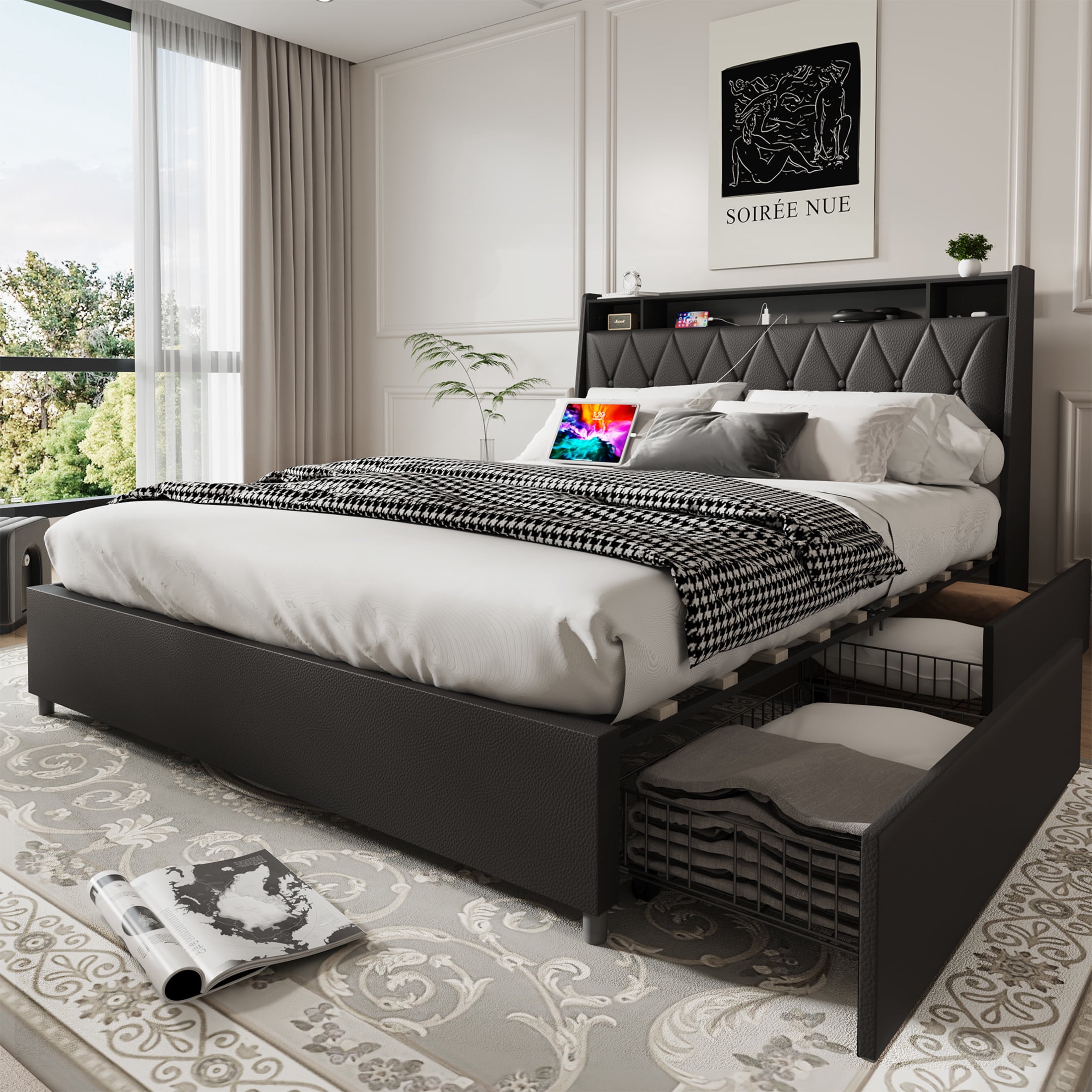 Noble House Lexair Full Size Bed Frame with Ergonomic Headboard, Built-in Outlets & Charger, Storage Shelf, Black
