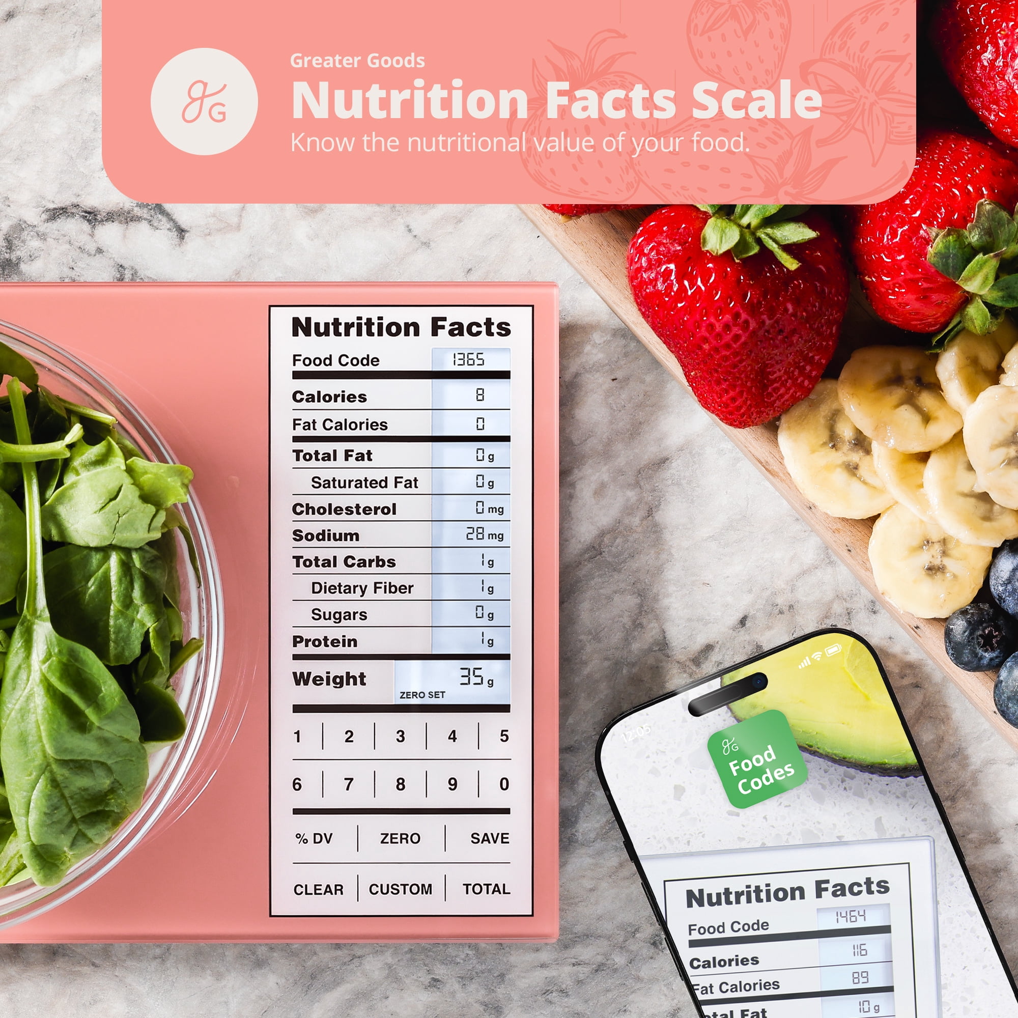Greater Goods Digital Nutrition Scale with Glass Surface, Pink