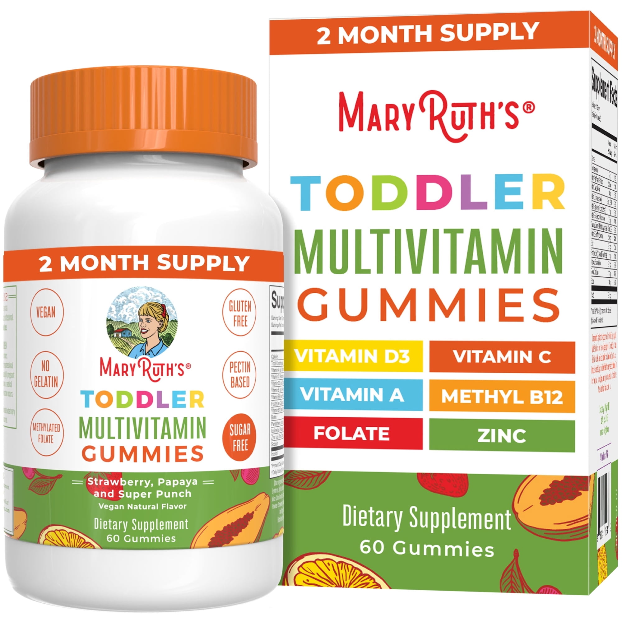 MaryRuth's Toddler Multivitamin Gummies for Immune Support & Overall Health, Strawberry, Papaya & Super Punch Flavors, 60 Count