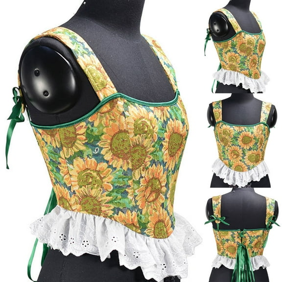 Lilgiuy Women Casual Eyelet Lace-up Floral Print Fishbone Court Vintage Corset Straps Tank Top Yellow,6 for 2022