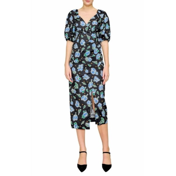 MELLODAY Floral Puff Sleeve Faux Wrap Midi Dress Large