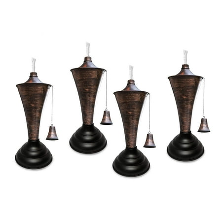 Legends Direct Set of 4, Oahu Premium Metal Tabletop Torch, Tall- Tiki Style /w Snuffer, Fiberglass Wick & Large 35oz Oil Lamp for Deck, Patio, Lawn, Garden, Luau (Brushed Bronze)