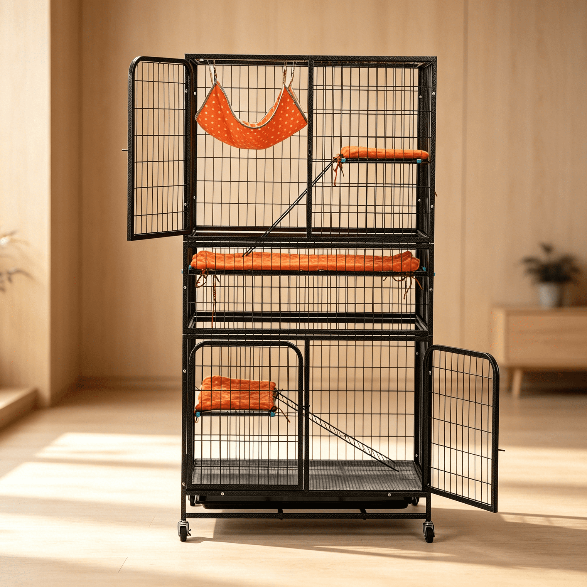 JERFIT 4-Level Small Animal Cage with Ramps, Locking Wheels & Removable Tray for Rabbits, Guinea Pigs, Chinchillas, Ferrets - Black Metal Hutch