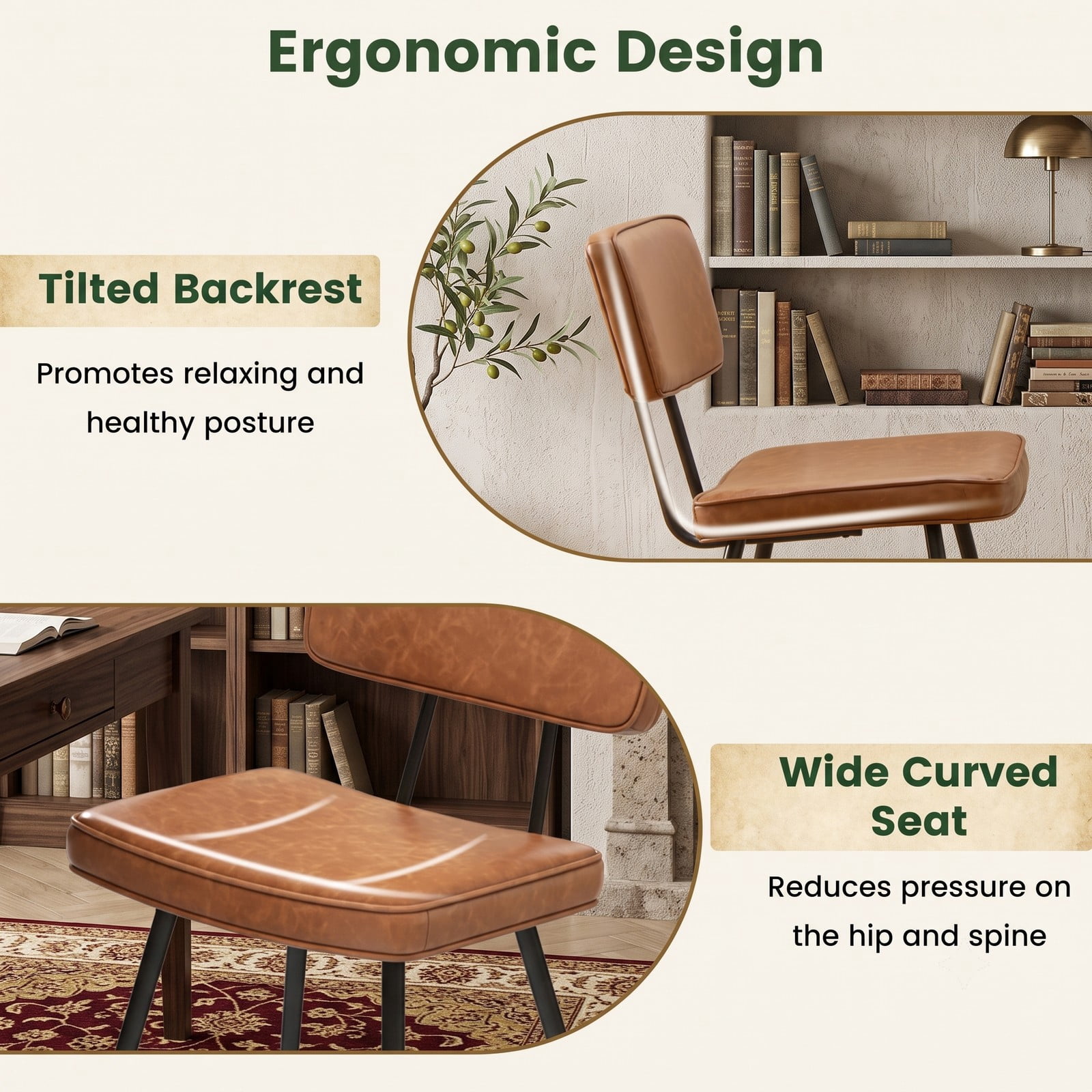Furnibear Dining Chairs Set of 2, Upholstered PU Leather Kitchen Chairs with Padded Backrest and Cushioned Seat, Metal Tapered Legs Side Chairs for Dining Room, Brown