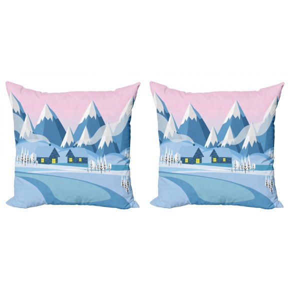 Nature Throw Pillow Cushion Cover Pack of 2, Winter Landscape with Cozy Cottages with Mountains Snowy Outdoorsy Print, Zippered Double-Side Digital Print, 4 Sizes, Pale Azure Blue Pink, by Ambesonne
