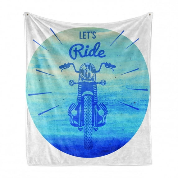 Hand Drawn Soft Flannel Fleece Throw Blanket, Vintage Hand Drawn Motorcycle with Lets Ride Words Poster Image, Cozy Plush for Indoor and Outdoor Use, 50" x 70", Sky Blue and Dark Blue, by Ambesonne