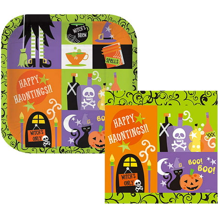 FLOMO Halloween Large Durable Strong Disposable Paper Party Plates & Napkins (8 Plates; 16 Napkins, Green)