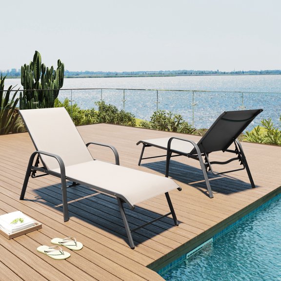 Pellebant 2/4PCS Outdoor Lounge Chair Aluminum with Adjustable Backrest - N/A NewBeige-Setof2