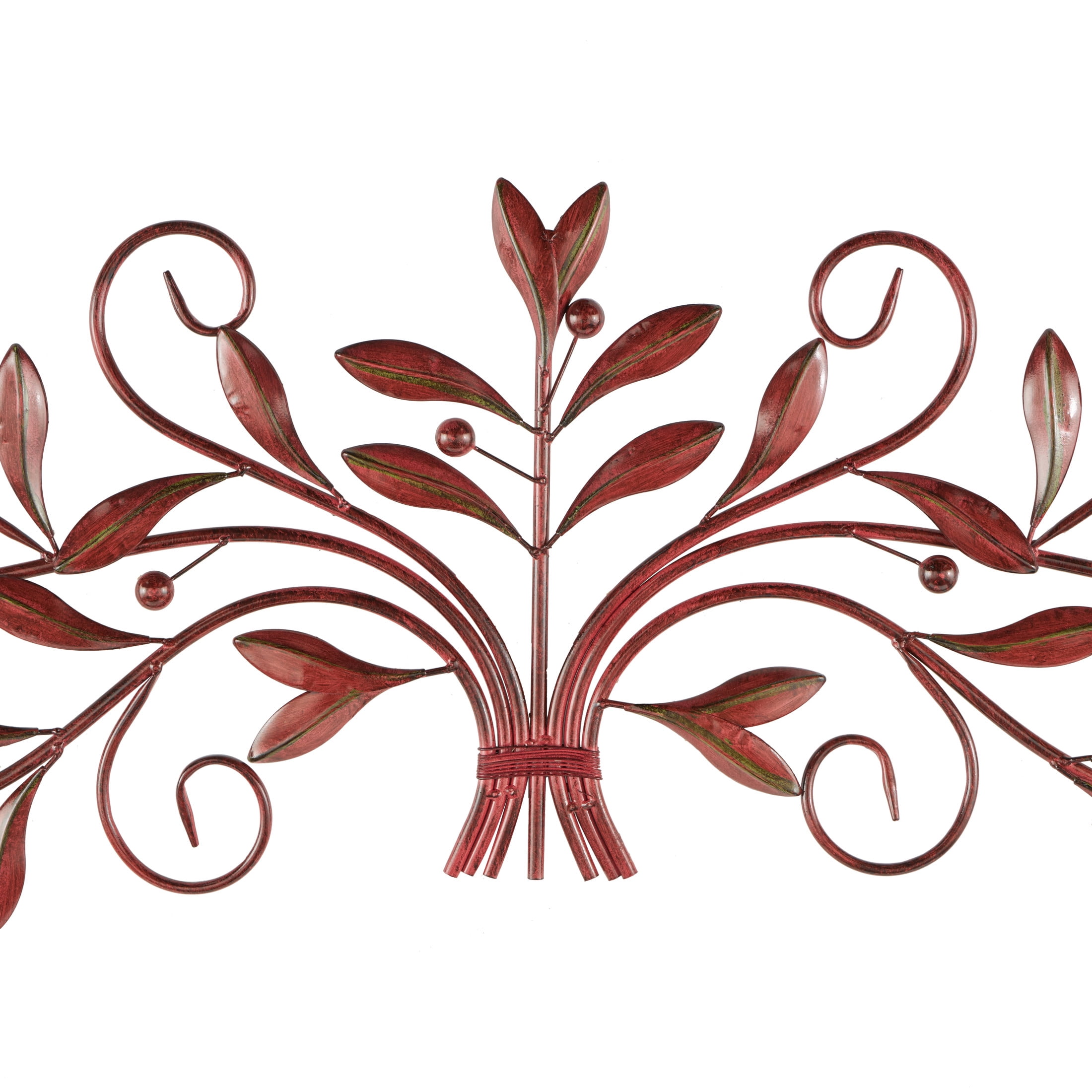 DecMode Red Metal Long Scrolled Leaf Wall Decor with Beaded Accents