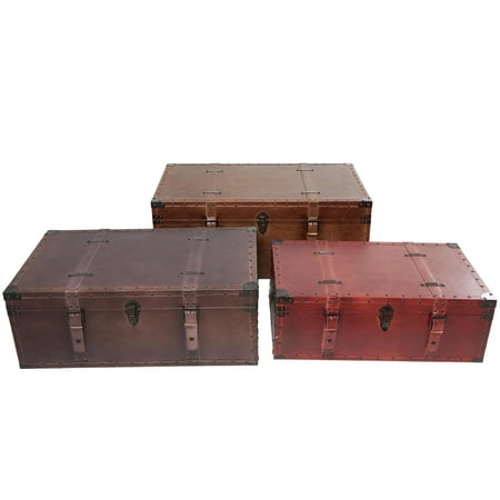 DecMode Rustic Wood Stacked Style Storage Trunk, Set of 3 32", 29", 26"W with Red, Taupe Brown, and Tan Finish