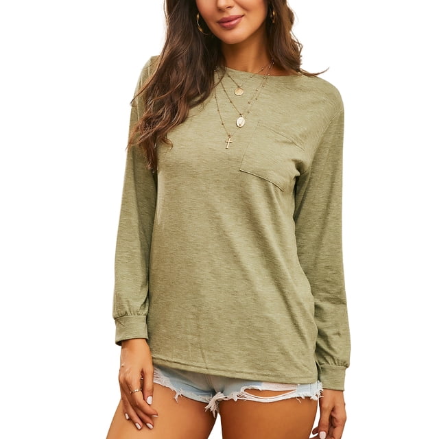 LUXUR T-shirt pour Femmes Col Rond Tee-Shirt Couleur Unie Pull Décontracté Manches Longues Vert Olive L