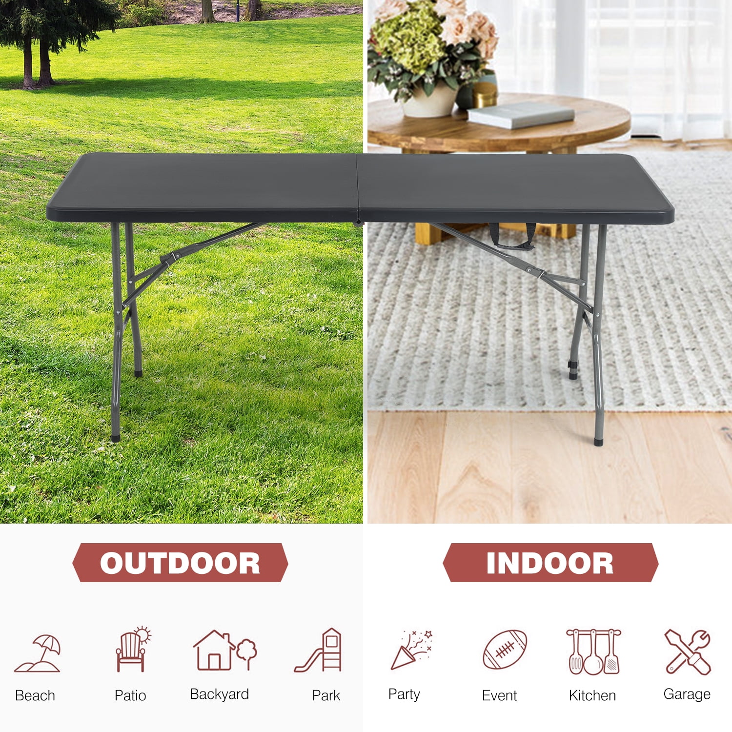 NiamVelo 6ft Folding Table Portable Plastic Indoor Outdoor Camping Dining Table with Carrying Handle, Black