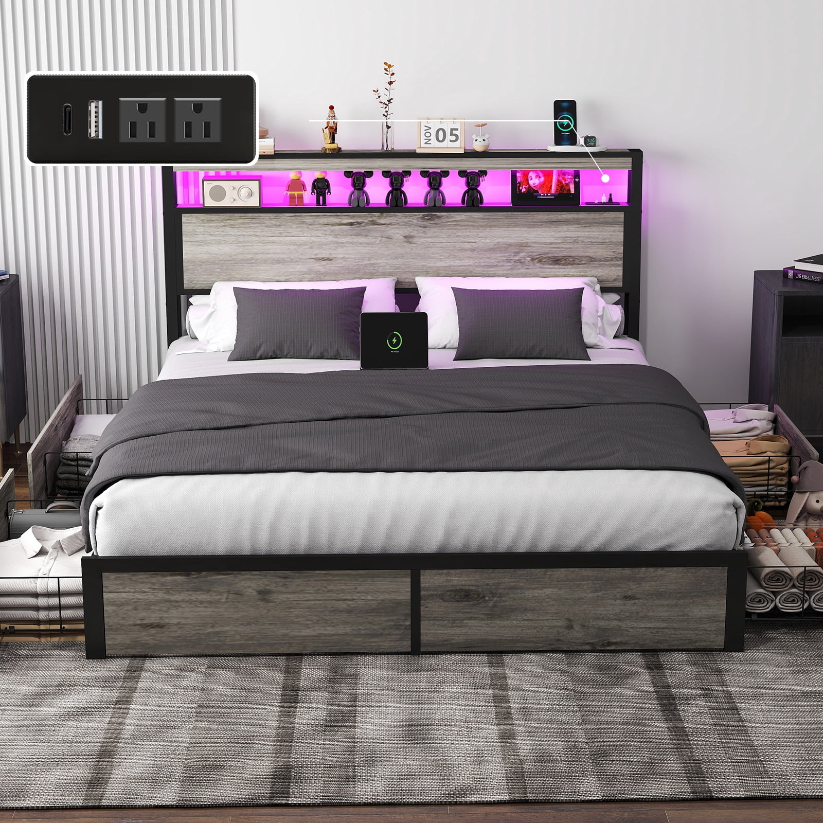 DRNANLIT Full Size Bed Frame with Storage Headboard, Metal Platform King Bed Frame Wood with 4 Drawers, LED Light, Charging Station, No Box Spring Needed, Noise Free,Grey