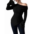 thumbnail image 1 of Women Long Sleeve Cowl Neck Ribbed Knit Fall Shirts Slim Fit Ruched Going Out Crop Tops Basic T-Shirts Black XL, 1 of 8
