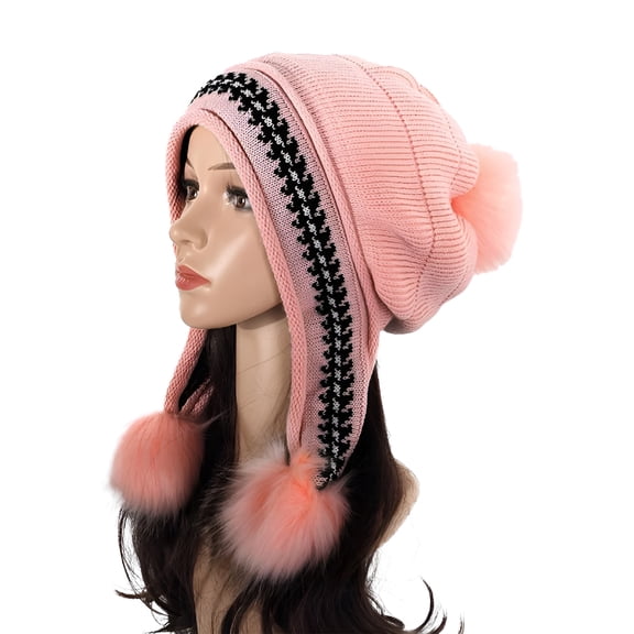 TELOLY Women Winter Knitted Beanie Hat with Pompoms Ski Snow Ear Flaps Sherpa Knit Thick Warm Soft Hats Windproof for Cold Weather Beanie for Women Pink One Size