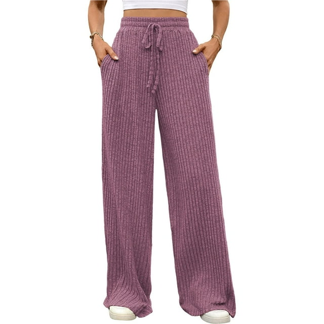 Pantalones de Pijama Holgados de Punto Suave con Bolsillos y Pernera Acanalada para Mujer con Cordón Ajustable. Rojo Púrpura L