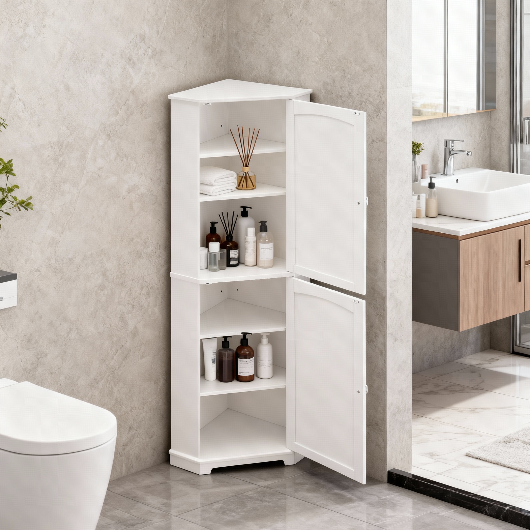 LEDREM Tall Corner Storage Cabinet, 65.5 Inch Farmhouse Organizer with 2 Doors & 4 Adjustable Shelves, Anti-Tip Design for Bathroom Kitchen Living Room, White