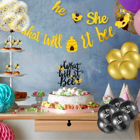 23 Pieces Gender Reveal Party Decorations Set What Will It Bee Banner He Or She Banner Confetti Latex Balloons And Bee Cake Topper For Party Supplies Walmart Canada