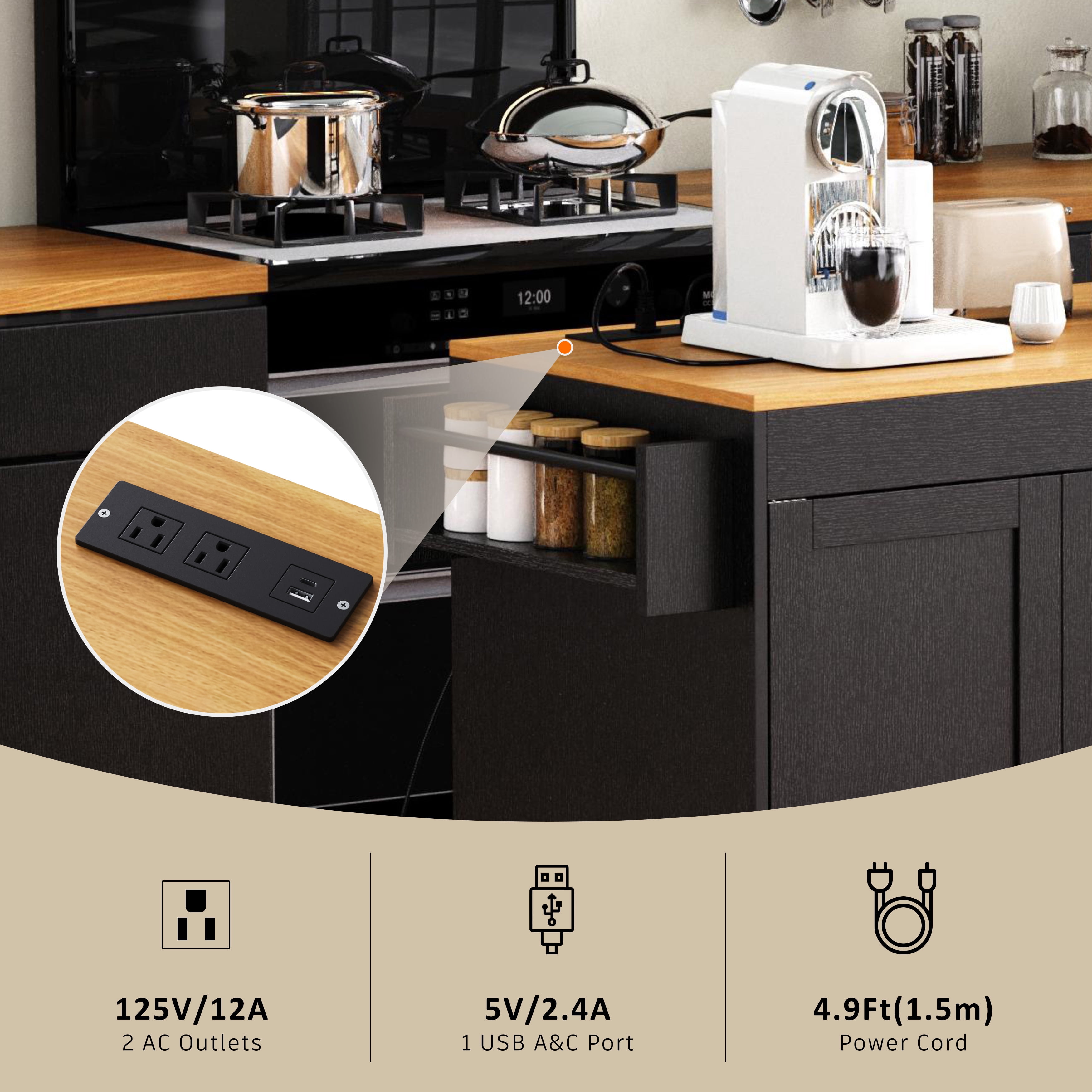 74.8-Inch Kitchen Island with Extendable Dining Table and Power Outlet, Rolling Kitchen Cart with 3 Drawers and Spice Rack for Kitchen, Black
