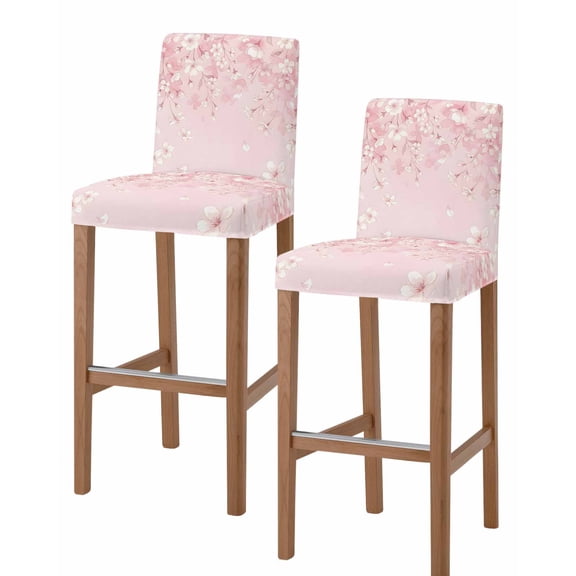 Pink Cherry Blossom Bar Stool Covers Set of 2, Spring Modern Farmhouse Floral Stretch Washable Bar Chair Covers with Backs, Removable Pub Counter Height Chair Cover for Kitchen Dining Room Cafe