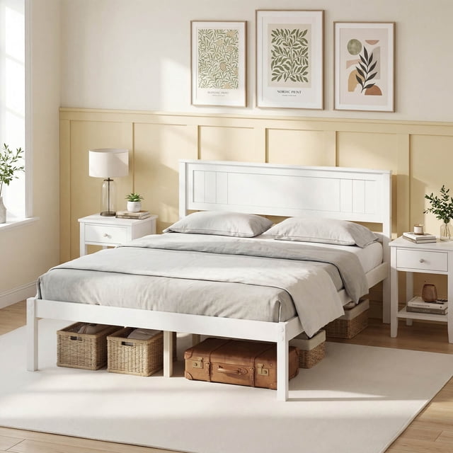 Costway Lit Plateforme en Bois Format Grand avec Tête de Lit, Base de Matelas, Blanc