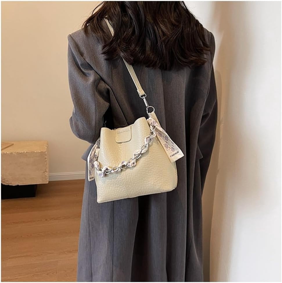Leather Bucket Bag with Thick Chain for Women Hobo Bucket Bags and Purses Casual Crossbody Shoulder Bucket Handbag