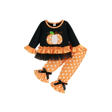 

Toddler Baby Girls Halloween Outfit Long Sleeve Pumpkin Ruffle T-Shirt and Flared Trousers Bell-Bottoms Set