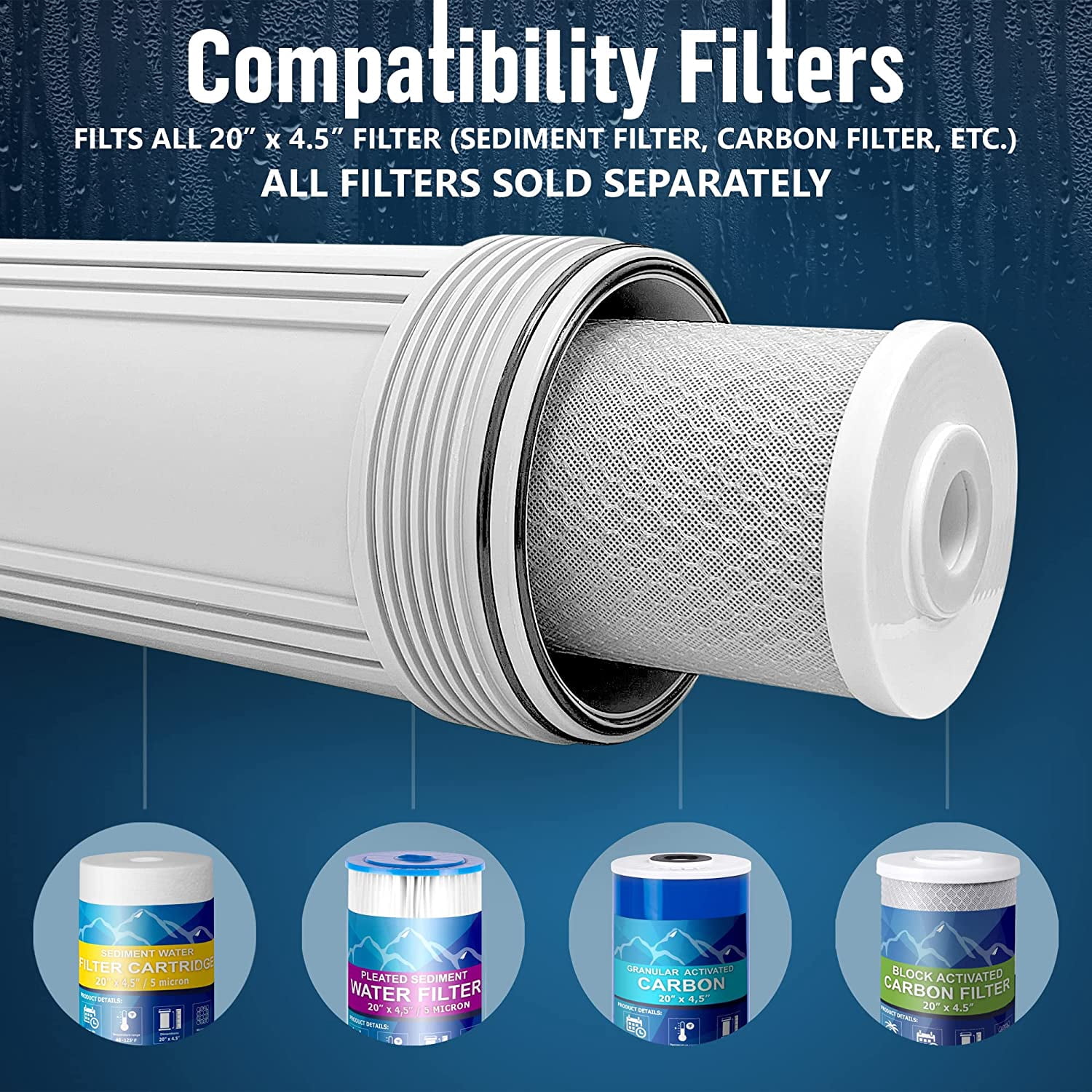 High Capacity 20 x 4.5” Whole House Filter Purifier System for Well or City Water, Presser Relief Button, 1” NPT Brass Port, Double O-ring, Meets NSF Standards & Regulations (White, 2 Sets)