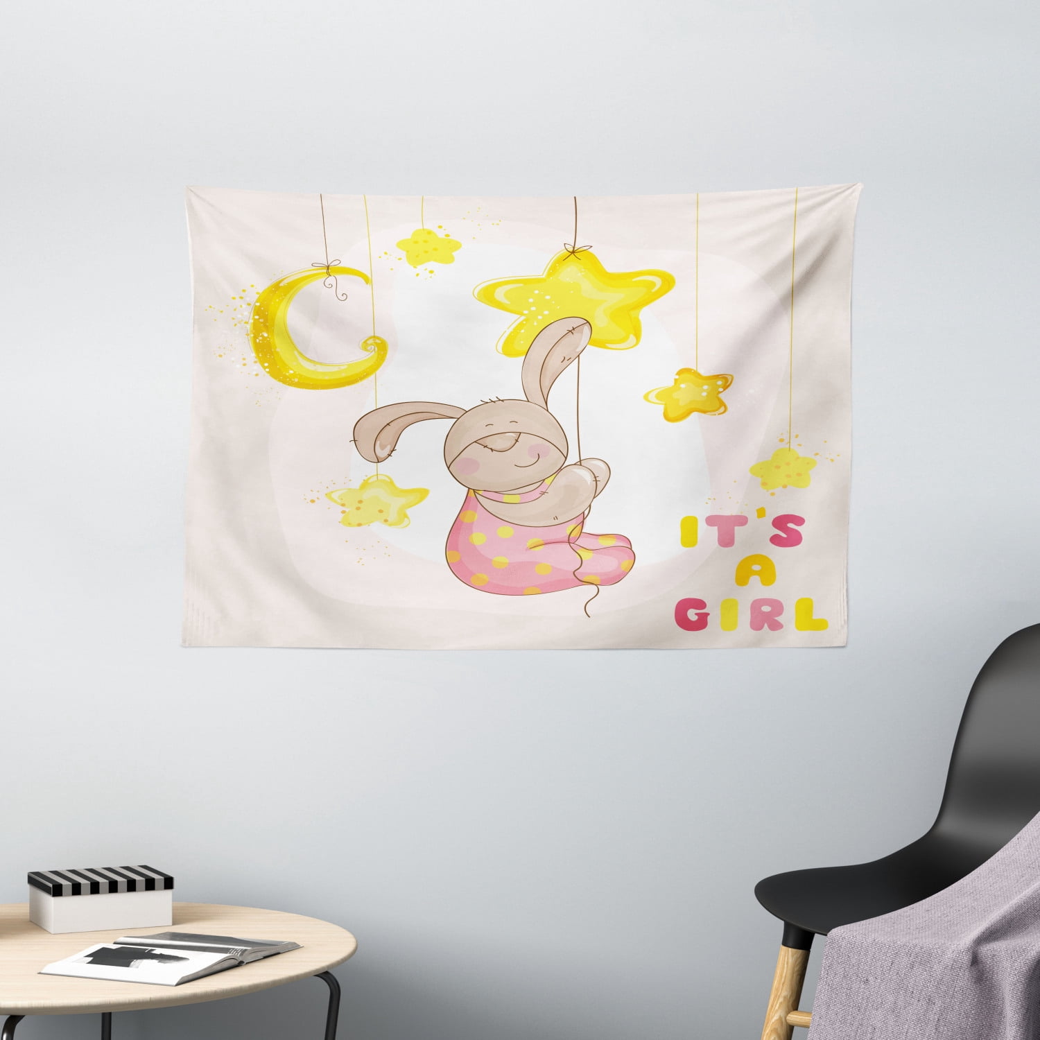 Kids Tapestry, Cartoon Like Cute Baby Bunny Hanging Stars and Moon ...