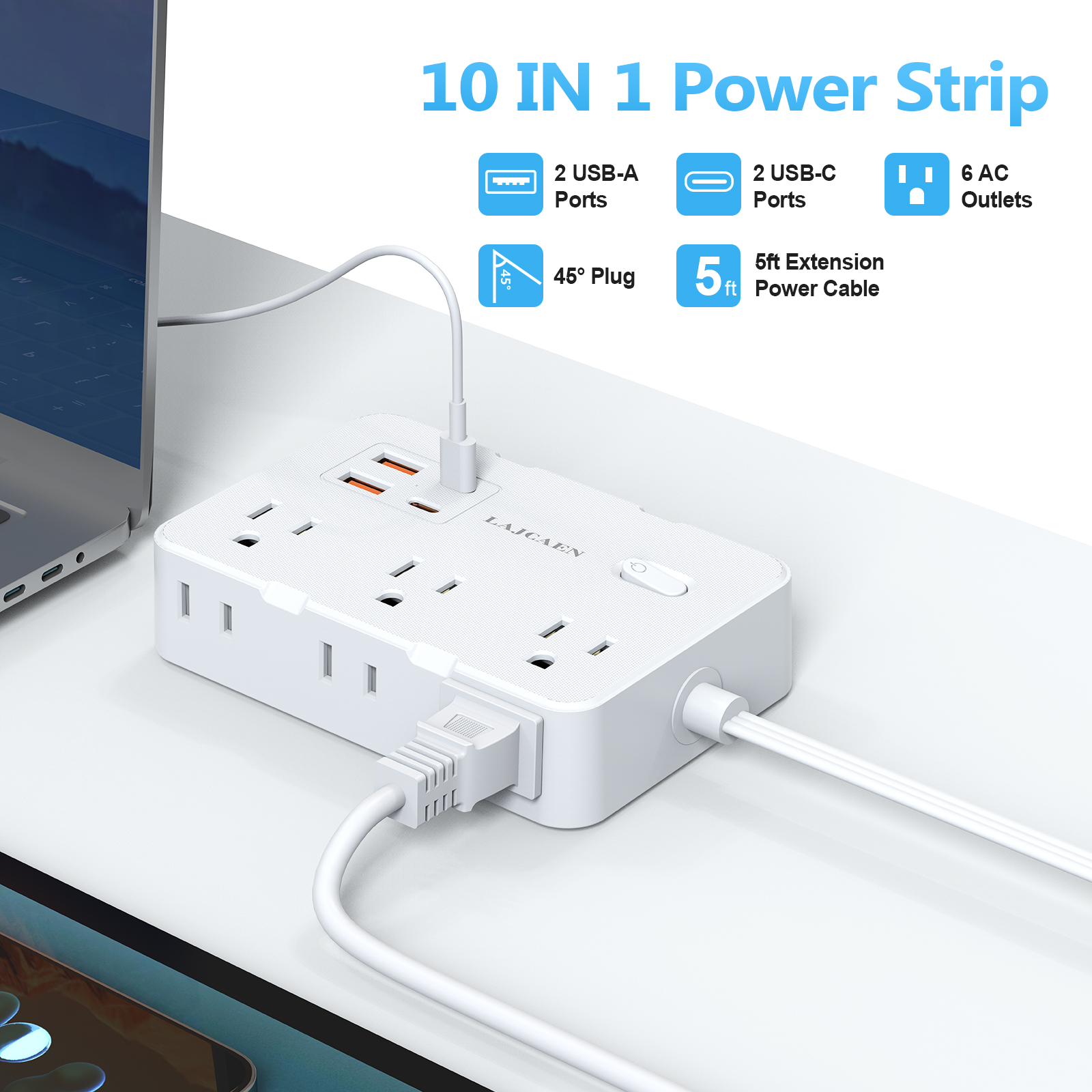 LAJCAEN 5-Foot Power Strip with 6 Outlets and 4 USB Ports photo 4