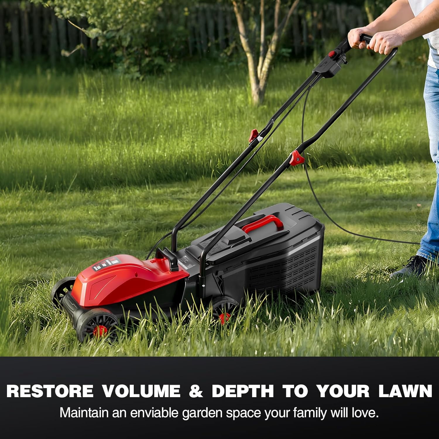 Red 14" Electric Lawn Mower, Corded Lawn Mower with 3-Position Height Adjustment, Walk-Behind Push Mowers