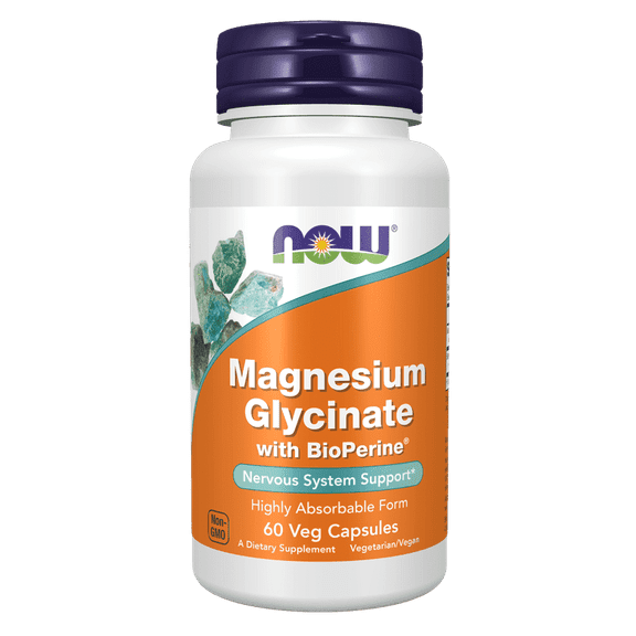 NOW Magnesium Glycinate with BioPerine For Nervous System Support Highly Absorbable Form 60 Veg Capsules