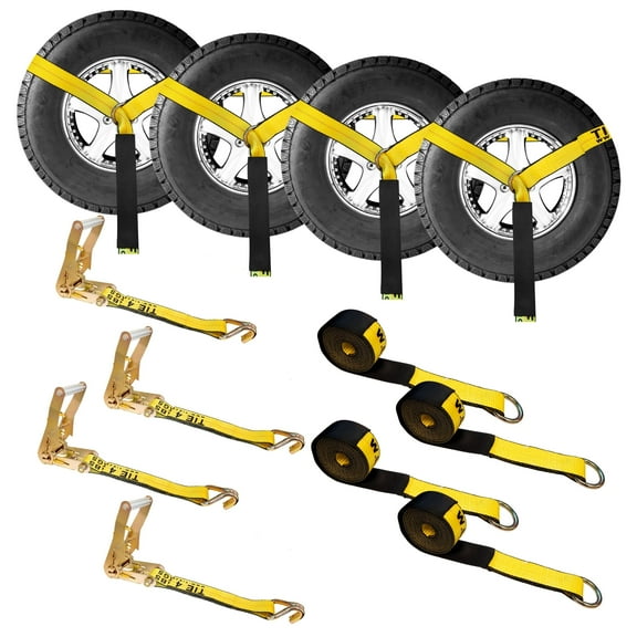 Mega Cargo Control USA 4 Pack 2" x 10' Side Mount Wheel Net Tie Down w/ Ratchet Lasso Strap J Hook WLL: 3333 lbs Yellow