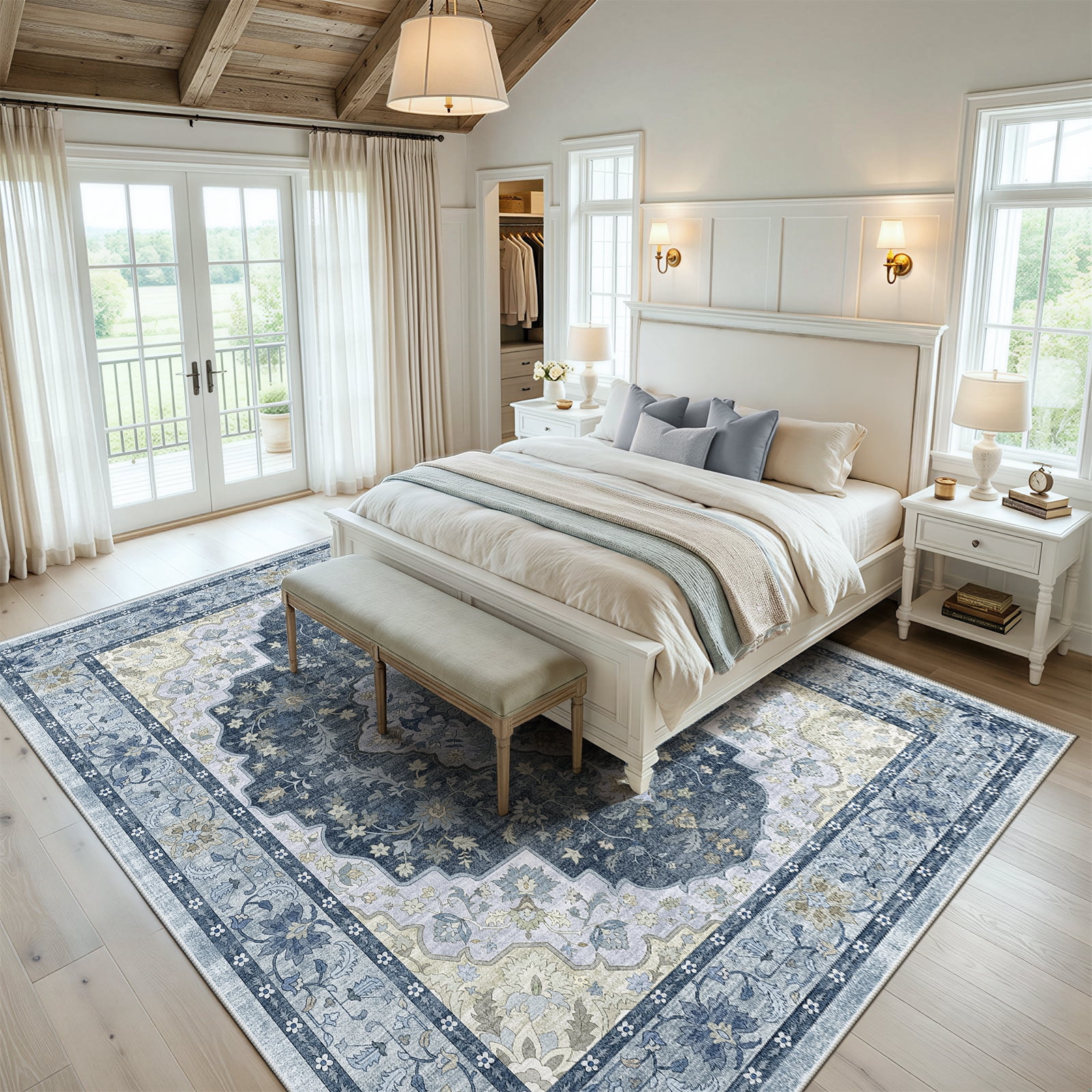 CHITOOMA 8'x10' Area Rugs for Living Room, Boho Machine Washable Floral Area Rug with Non-Slip Backing, Stain Resistant Non-Shed Carpet for Bedroom, Dining Room, Dorm, Office