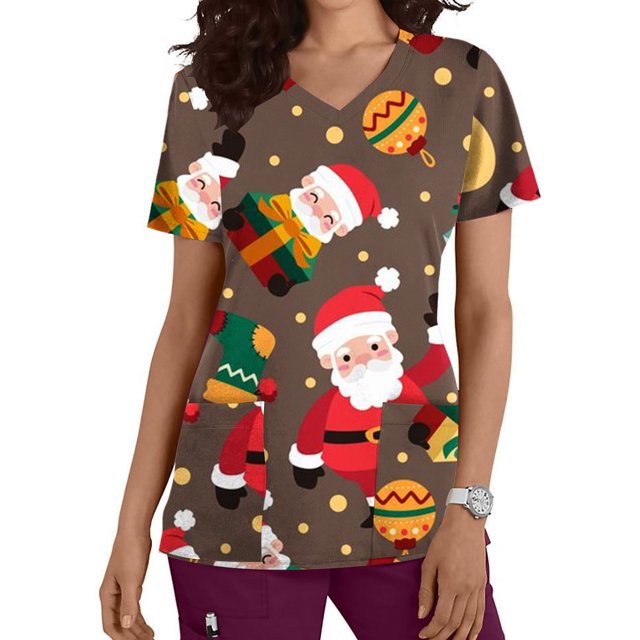 Pntutb Moda para mujer Camisetas de manga corta con cuello en V Uniforme de trabajo Estampado de Navidad con tops de blusa de bolsillo Pntutb Pntutb-5653