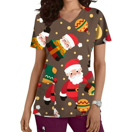 

Shldybc Holiday Printed Christmas Scrubs Halloween Printed Uniform Tops Snowman Short Sleeve V Neck Nursing Workwear Tunic Working Uniform Blouse with Pockets-Coffee - Fall/Winter Savings Clearance