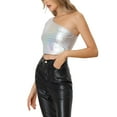 thumbnail image 4 of INSPIRE CHIC Metallic Crop Top for Women's Short Sleeve One Shoulder Shinny Holographic Clubwear Party Tops, 4 of 5