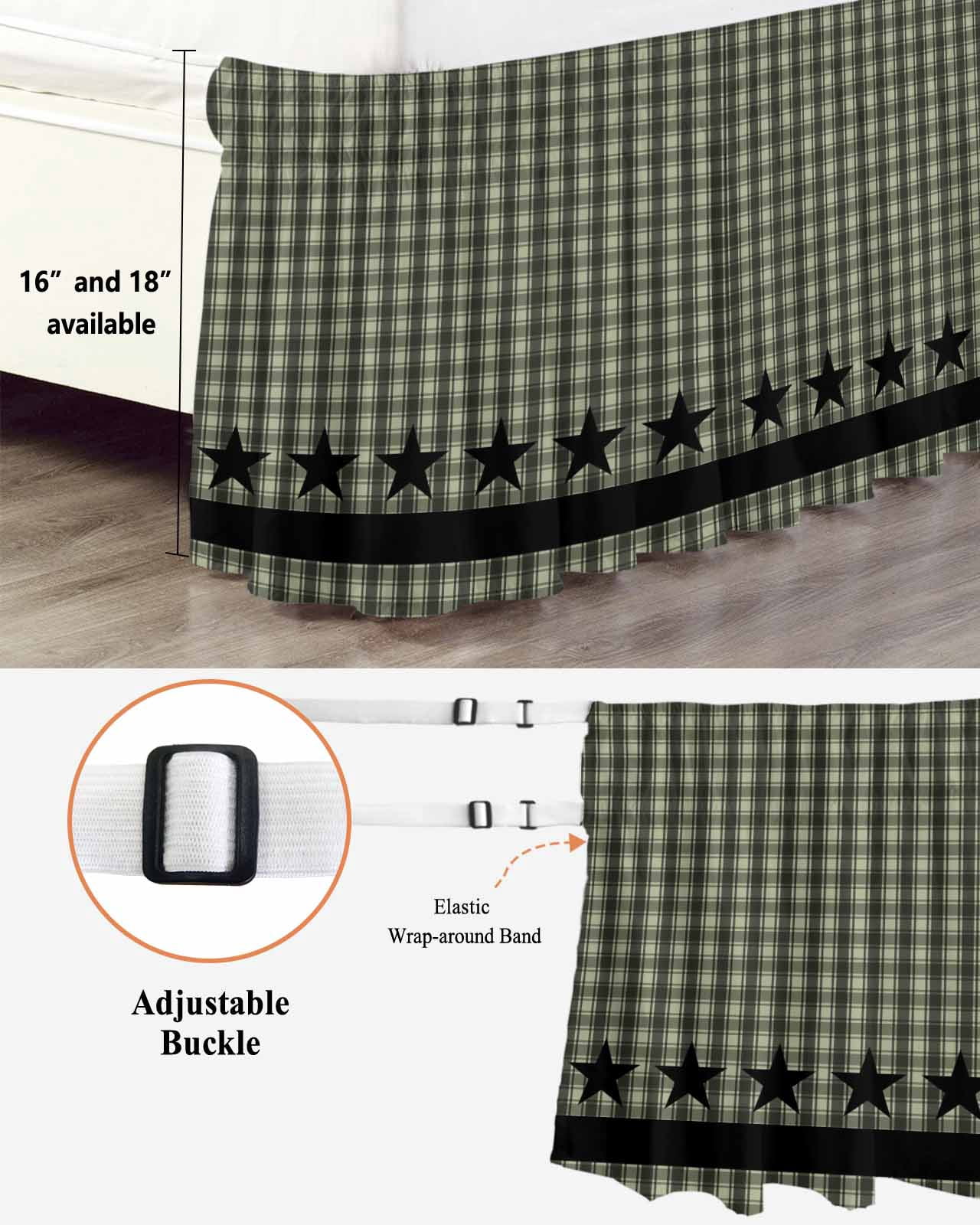 Sage Green Black Plaid Bed Skirt King Size, Vintage Star Buffalo Check Rustic Wrap Around Bed Skirting with Adjustable Elastic Strap, Dust Ruffled Pleated Bedskirts 18 Inch Drop for Bedroom King Beds
