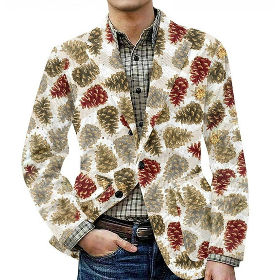 yuCgh Men's Festive Corduroy Suit Jacket with Warm Pockets and Ugly Christmas Print, Cardigan for Men, Cozy and Cheerful,Dark Green L