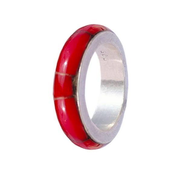 Tibetan Silver Handmade 925 Sterling Silver Red Coral Band Ring Jewelry for Women & Men Size 6