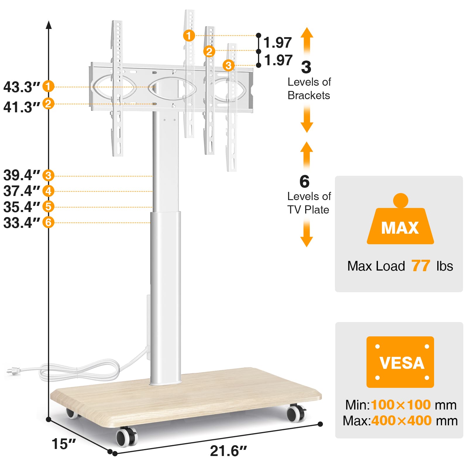 RTVR Universal Rolling TV Cart Stand with Wheels & Power Outlet for 32-70 inch Screens, Mobile Adjustable TV Stand