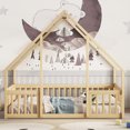 thumbnail image 2 of Full Size Floor Bed, Wooden House-Shaped Bed Frame with Guardrails, Roof, Multifunctional House Bed Frame for Toddlers, Kids, Girls, Boys, Teens, Adults, Natural, 2 of 9